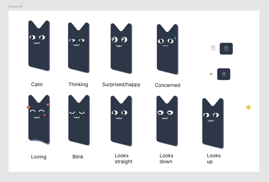 Markus mascot expression sheet — calm, thinking, surprised, concerned, loving, and more